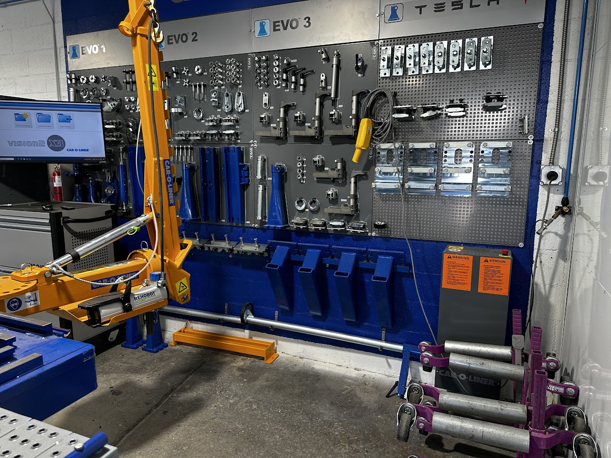 Car-O-Liner EVO fixturing system used for Tesla frame repair in Burbank auto body shop