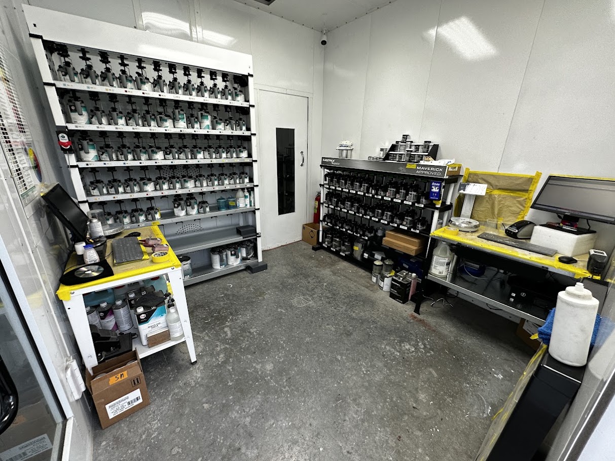 Auto Paint Color Matching in Burbank Auto paint mixing room at US Auto Collision Center in Burbank for professional color matching and refinishing