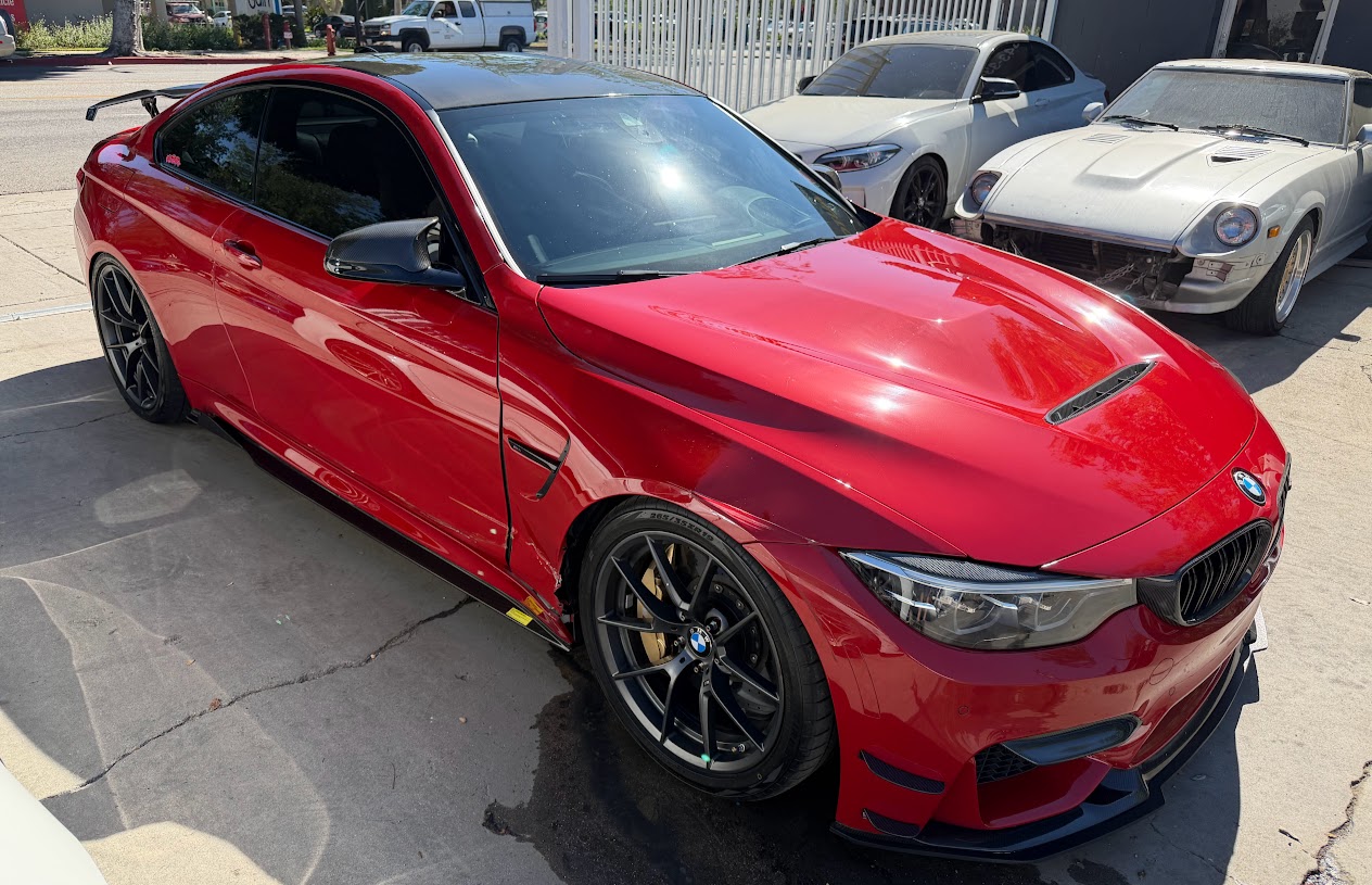 BMW M4 CS before fender and door collision repair in Burbank